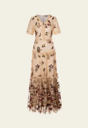ShapeRetentionCloth Embroidery-detail Mesh on Sequin-detail Lace Dress