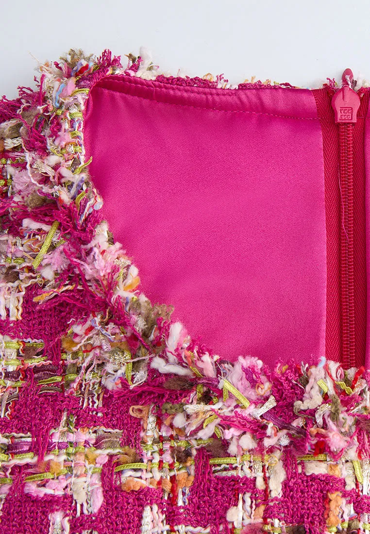 Digital Core Durable Stitching Fuchsia Houndstooth Frayed-trim Embellished Dress