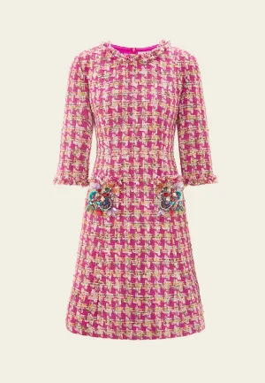 Snow Ready Fuchsia Houndstooth Frayed-trim Embellished Dress