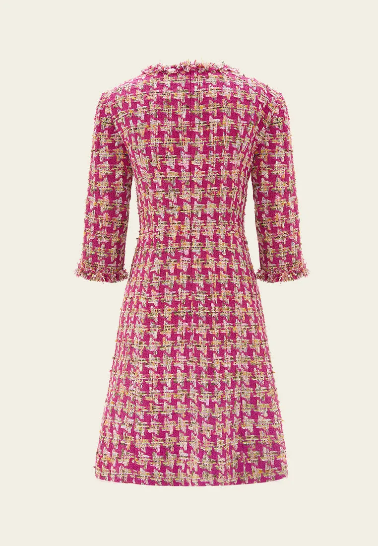 Cotton Glow Ice Fit Fuchsia Houndstooth Frayed-trim Embellished Dress