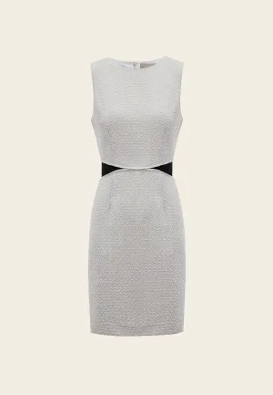 Fake Two Piece Black Detailing Sleeveless Silver Tweed Dress Reinforced Knees Bold Core