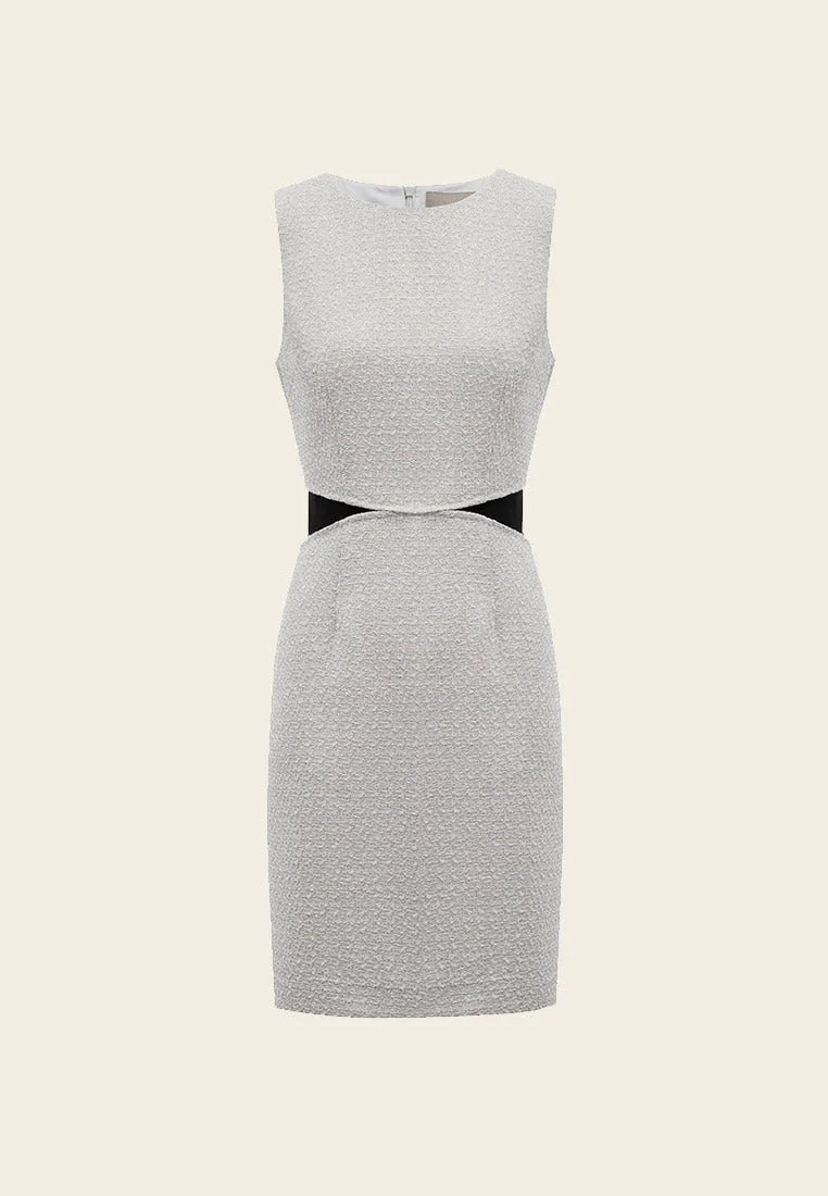 Fake Two Piece Black Detailing Sleeveless Silver Tweed Dress Reinforced Knees Bold Core