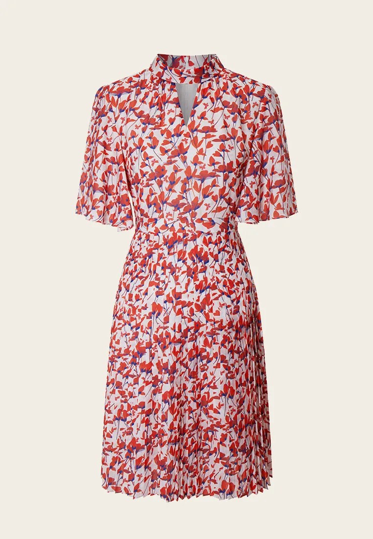 LayeredConstruction ReflectiveDetails Stand Collar Cut-out Floral Pattern Mid-sleeve Dress