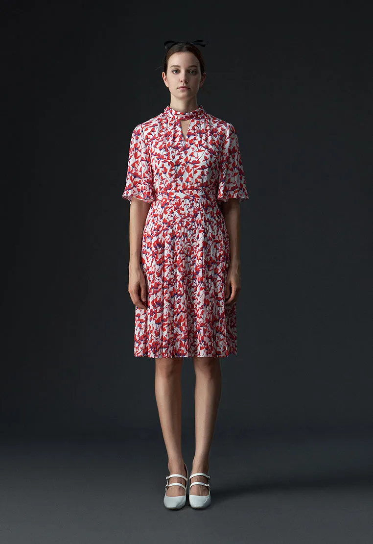 Stand Collar Cut-out Floral Pattern Mid-sleeve Dress PillingResistant ReinforcedHem