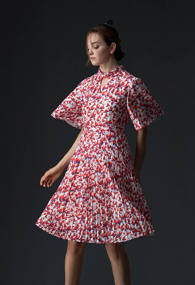 Stand Collar Cut-out Floral Pattern Mid-sleeve Dress Planet Care Epic Glow