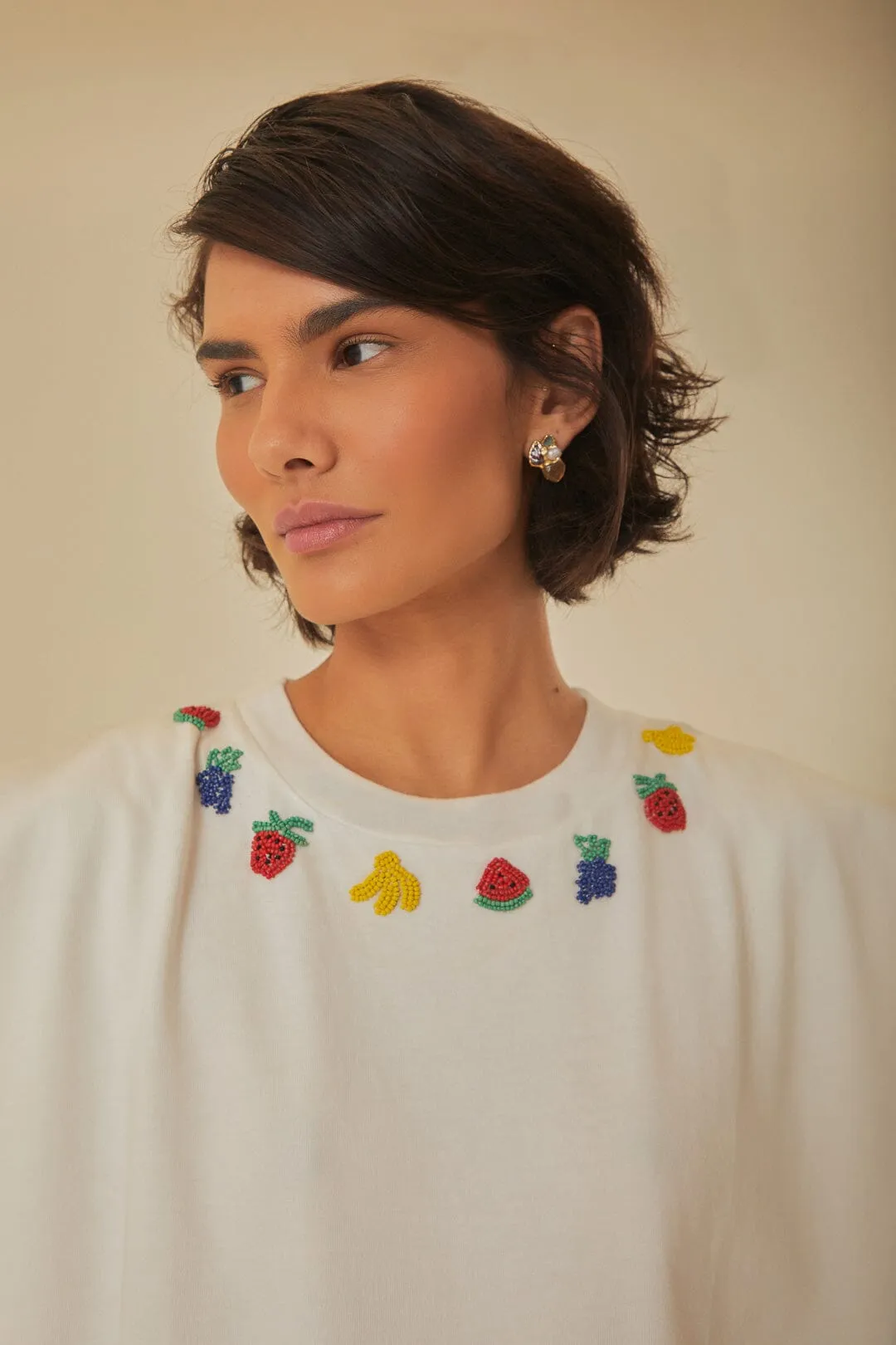 Mom Soft White Beaded Fruits Organic Cotton T-Shirt