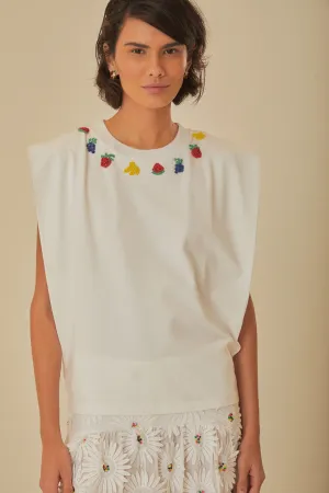 White Beaded Fruits Organic Cotton T-Shirt RipstopFabric