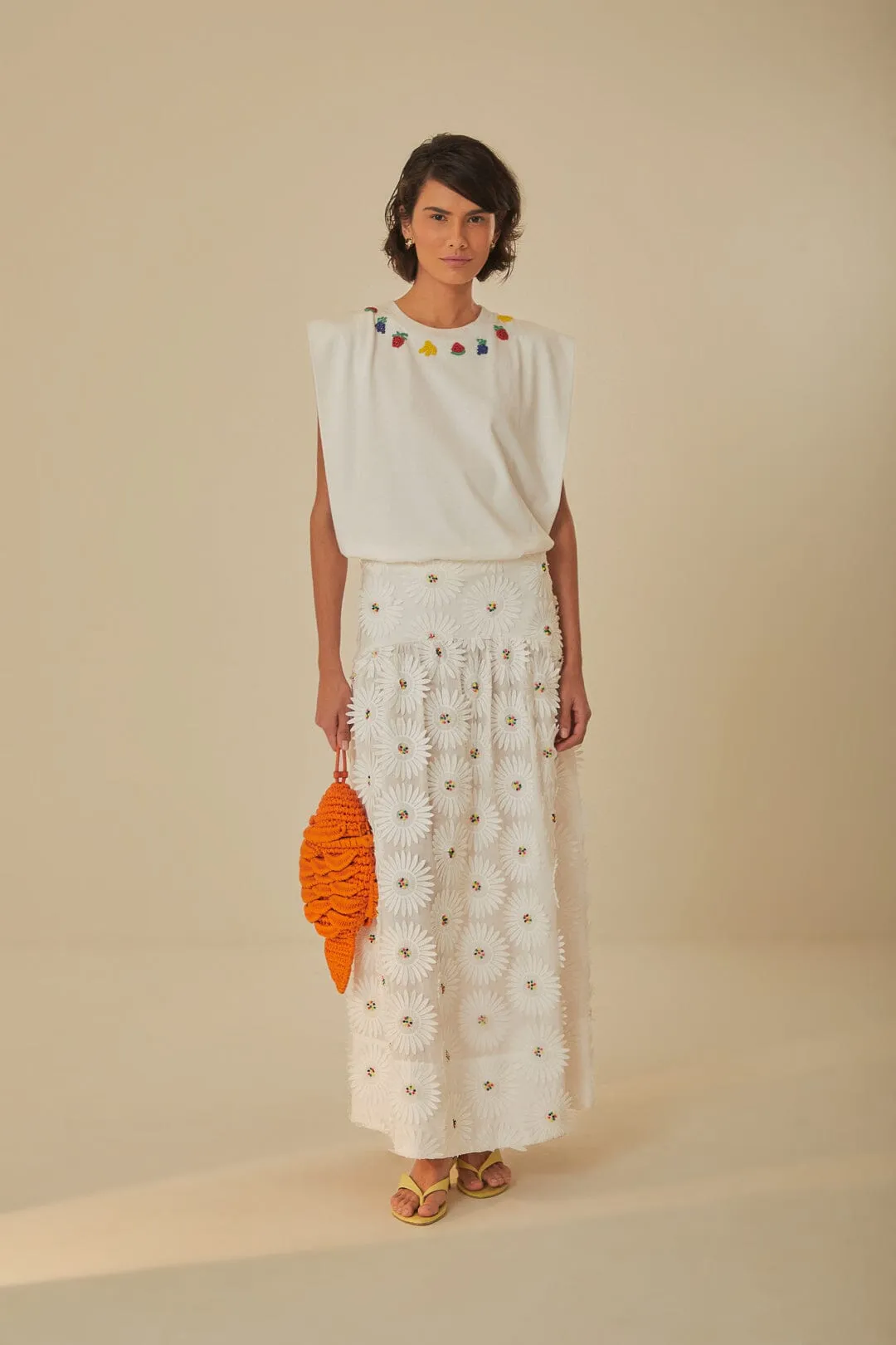 White Beaded Fruits Organic Cotton T-Shirt NonSlipTrim AntiPilling Technology