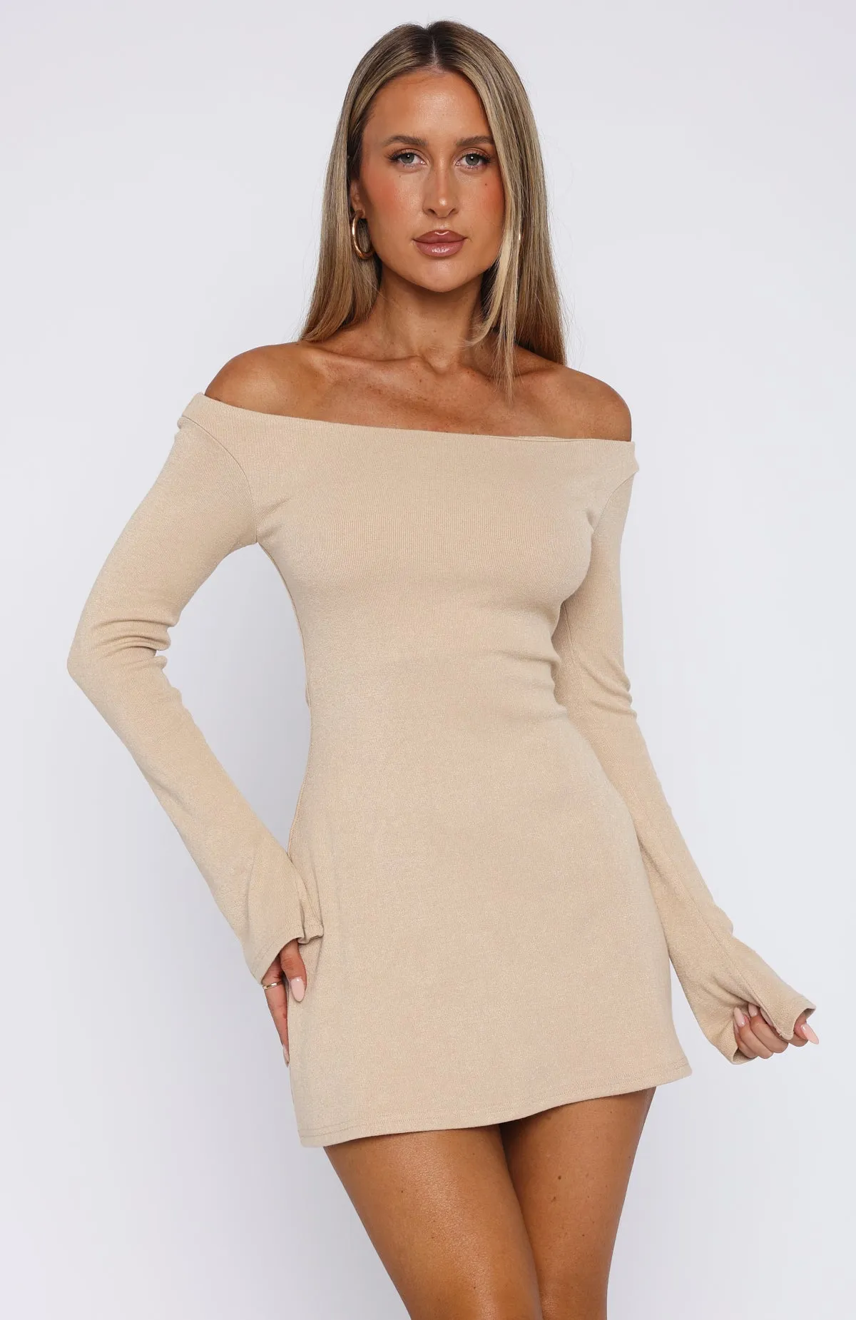 All Day I'm Not Yours Long Sleeve Mini Dress Beige