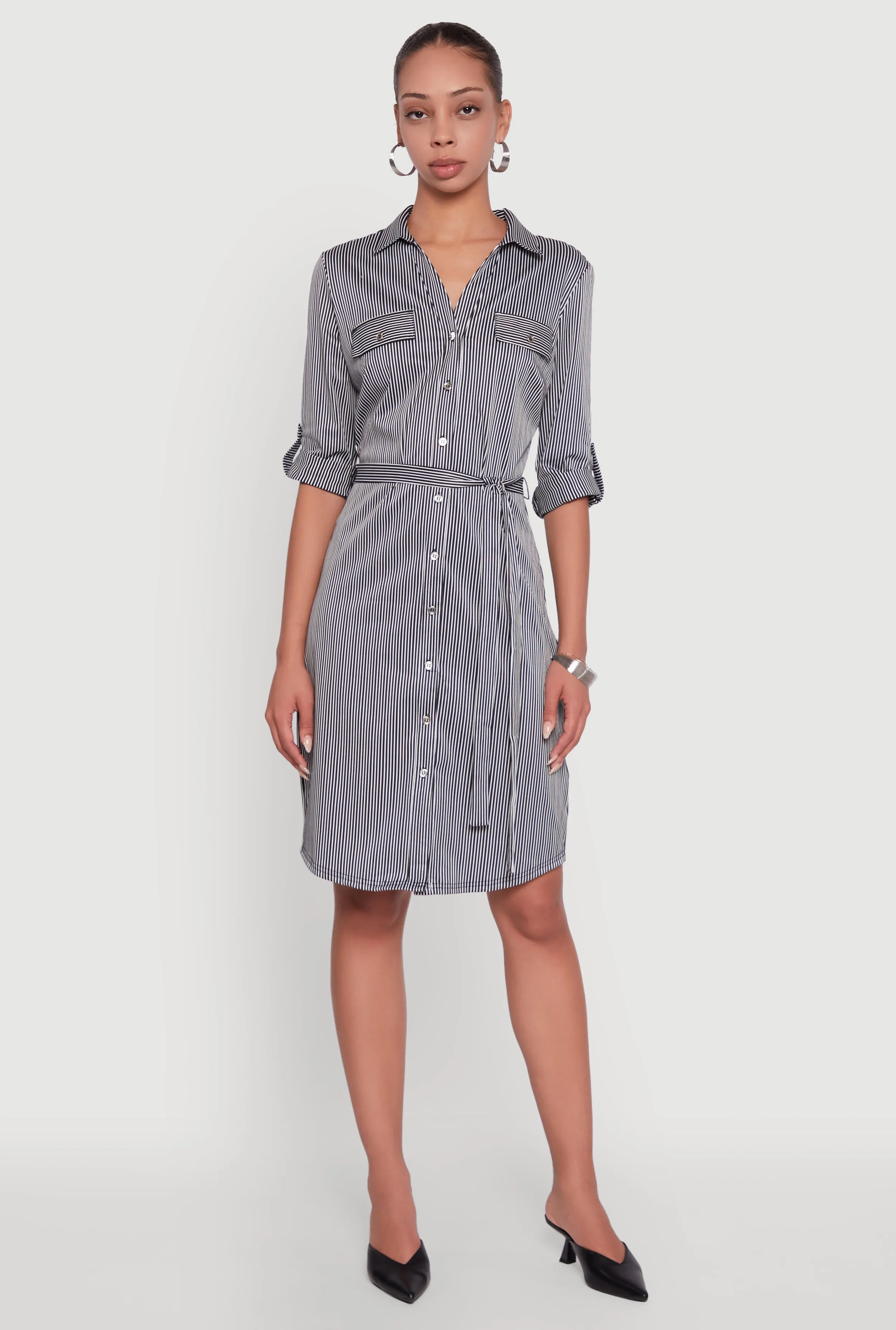Bohemian-inspired midi Striped Button Front Shirt Dress with Tie Waist Belt