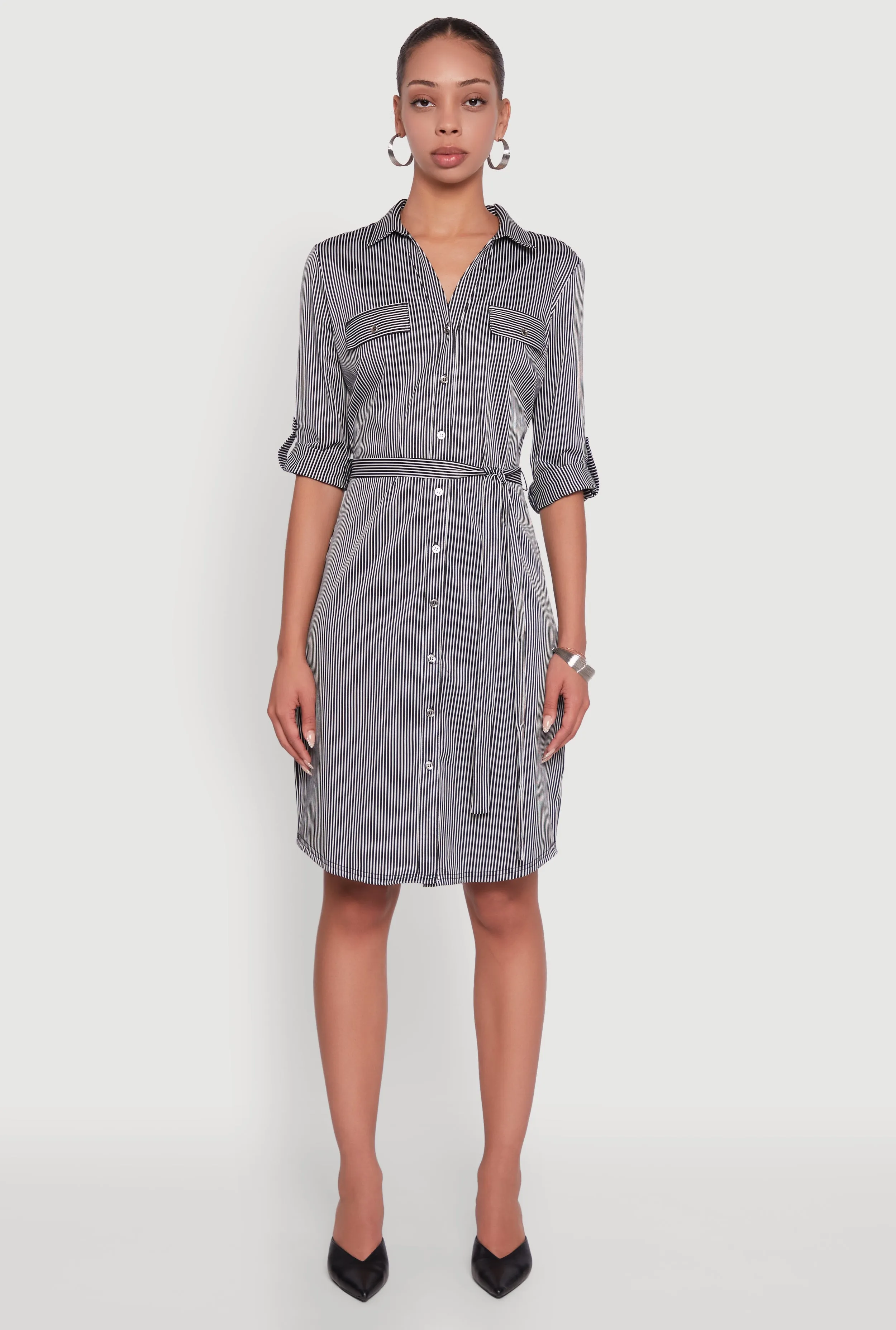 Striped Button Front Shirt Dress with Tie Waist Belt Tea Garden Stone Path