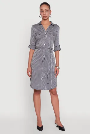 Bohemian-inspired midi Striped Button Front Shirt Dress with Tie Waist Belt