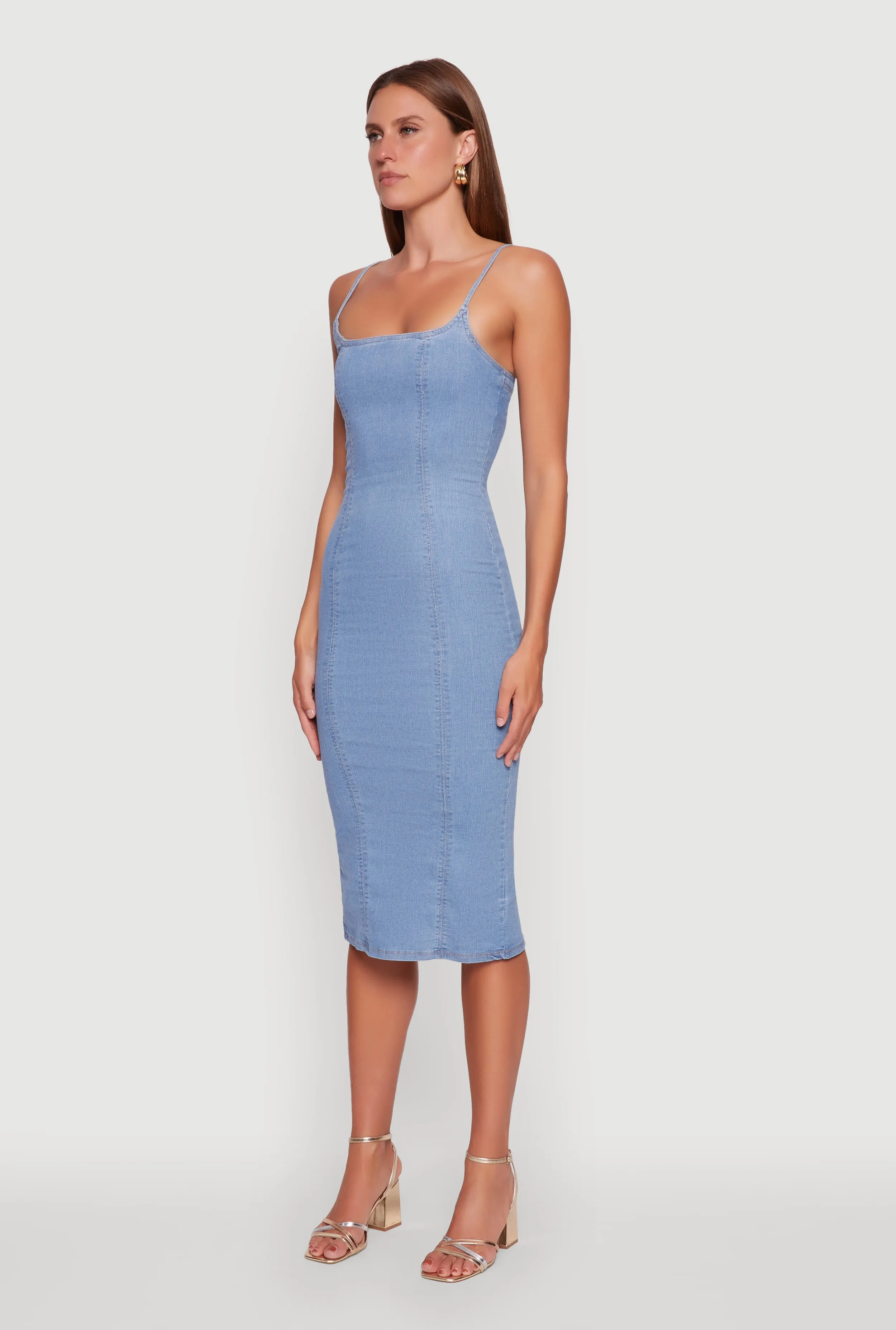 Vibrant Comfort Trendy Pieces Denim Pintuck Slit Back Bodycon Dress