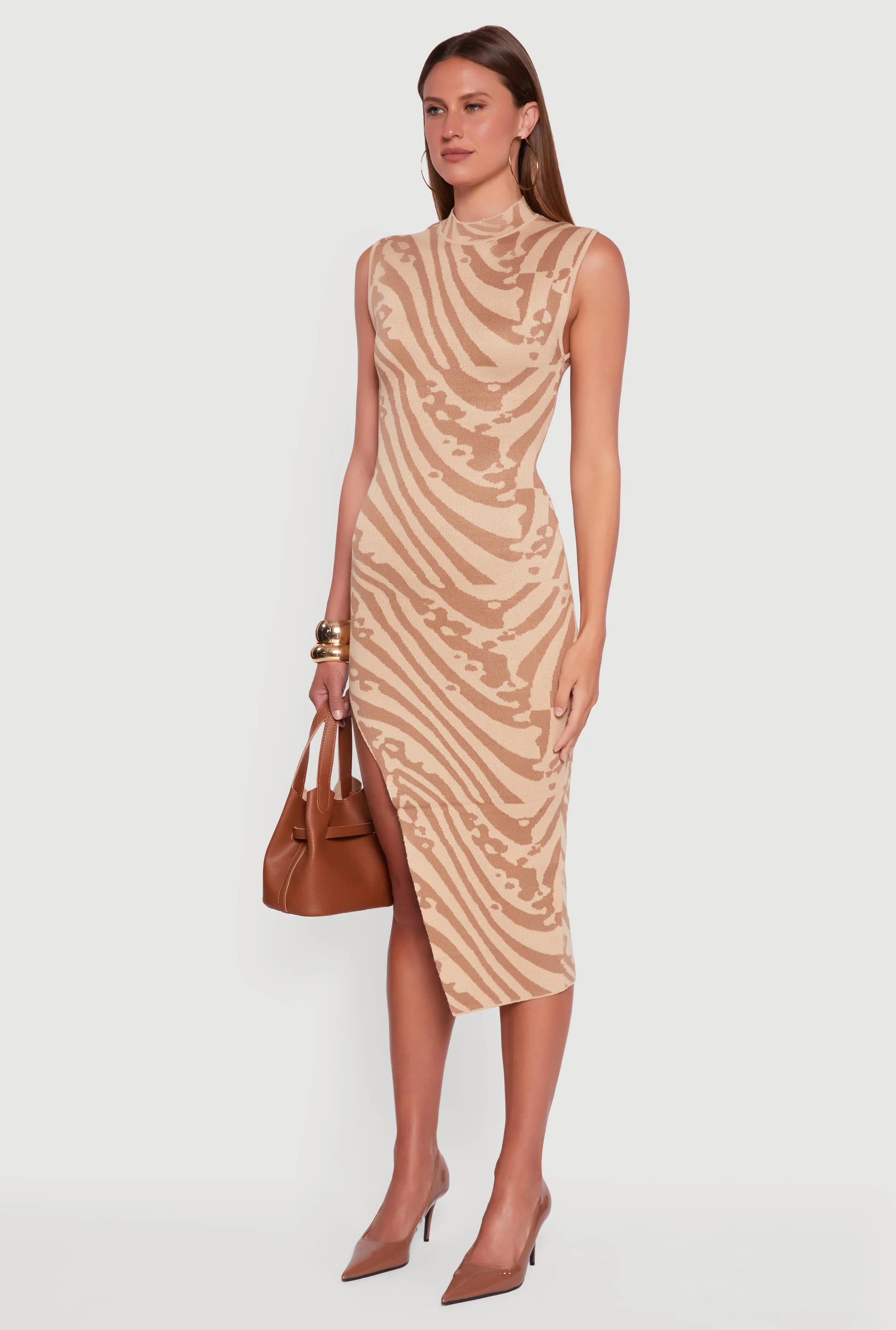 Printed Side Slit Sleeveless Sweater Dress Casual Comfort