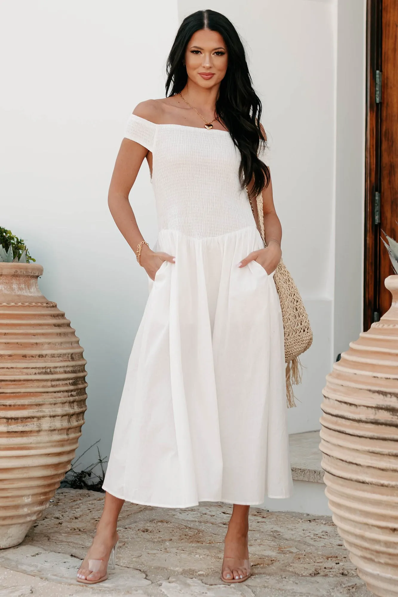 Romantic casual midi Elevated Decisions Off The Shoulder Smocked Midi Dress (Snow)