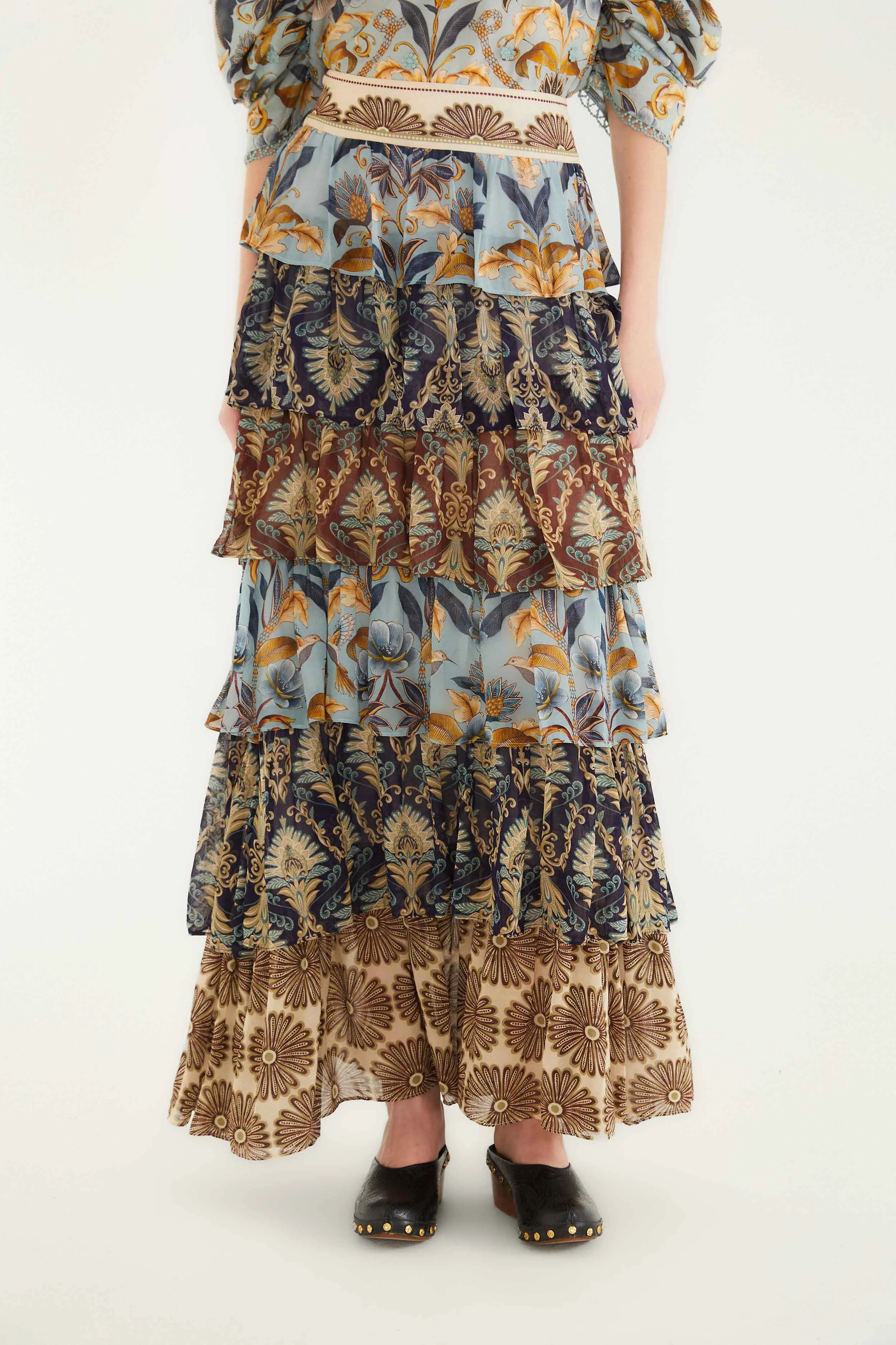 Tiered Layers Mixed Scarves Ruffled Maxi Skirt