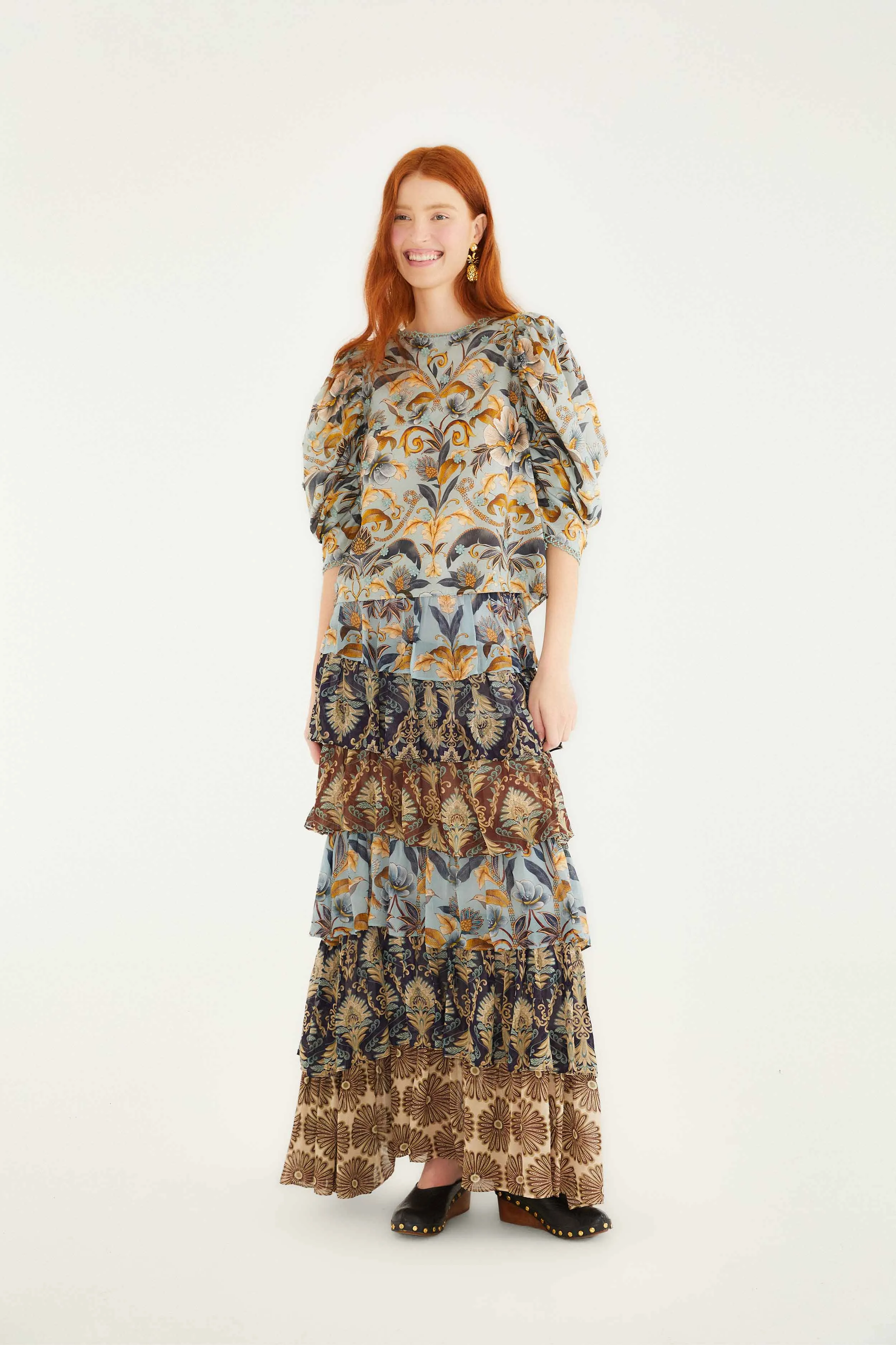 Family Celebration Mixed Scarves Ruffled Maxi Skirt