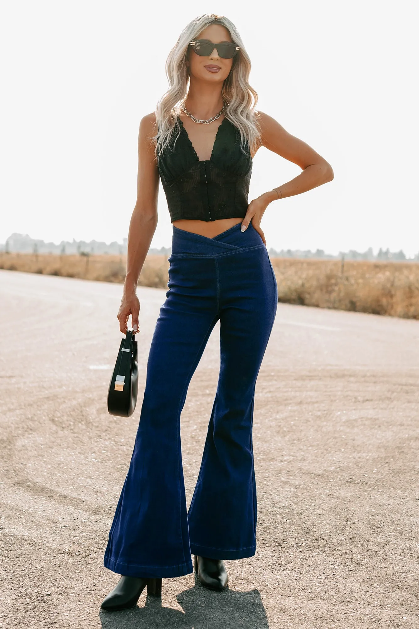 Thora V Waist Signature 8 Flare Jeans (Dark) Contrast Topstitching Detail LowImpact Manufacturing