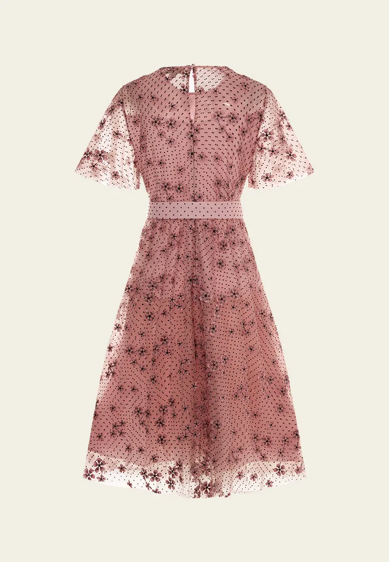Dot Mesh Sakura-appliqu?? Tie-belt Dress Myth Soul