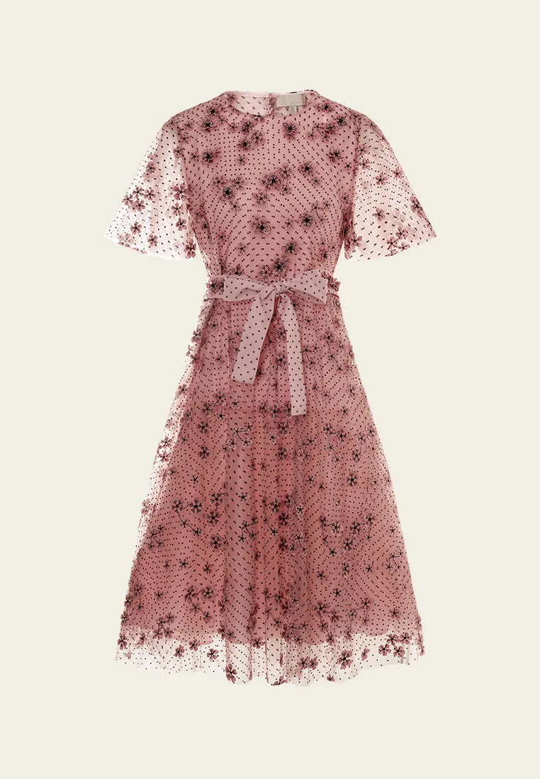 Dot Mesh Sakura-appliqu?? Tie-belt Dress Free Shape