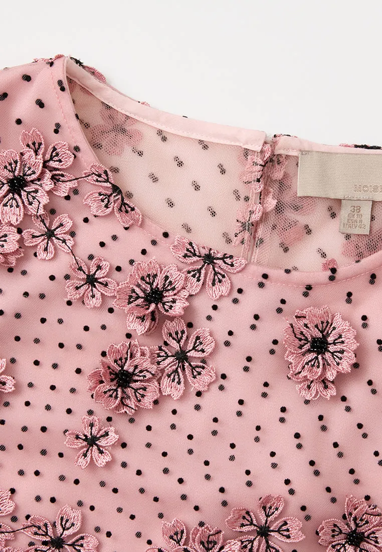 BreathableMesh Dot Mesh Sakura-appliqu?? Tie-belt Dress