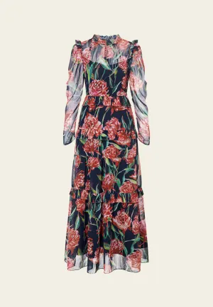 Opaque Tone Floral Pattern Ruffle-trim Layered Chiffon Dress