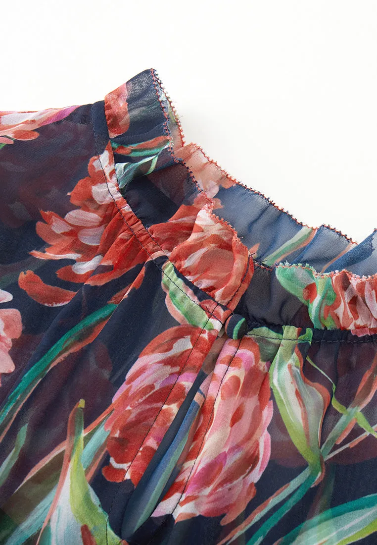 Floral Pattern Ruffle-trim Layered Chiffon Dress LowProfile Fasteners Joy Mood