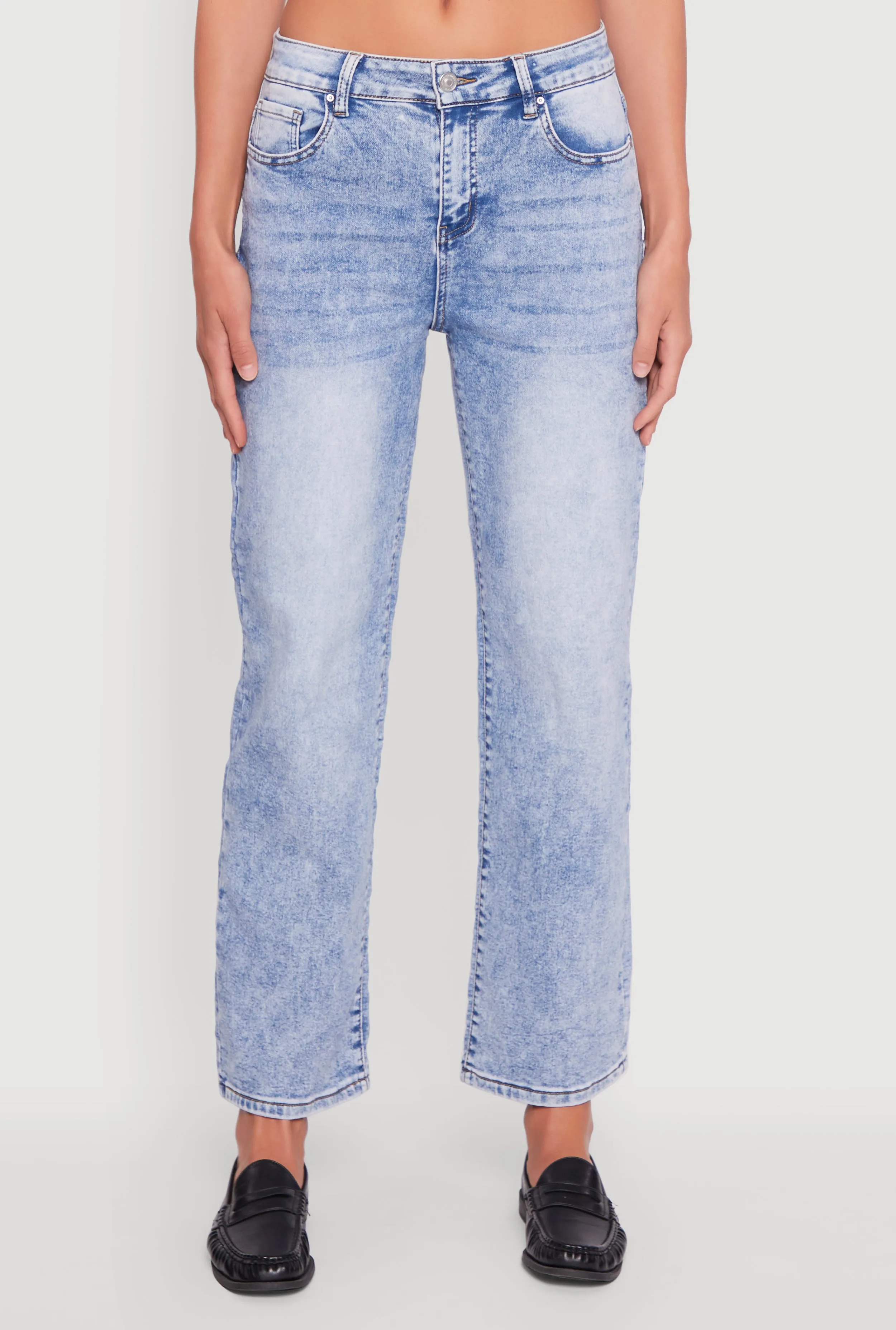 Comfortable clothing Durable Fabric Acid Wash Mid Rise Straight Leg Jeans