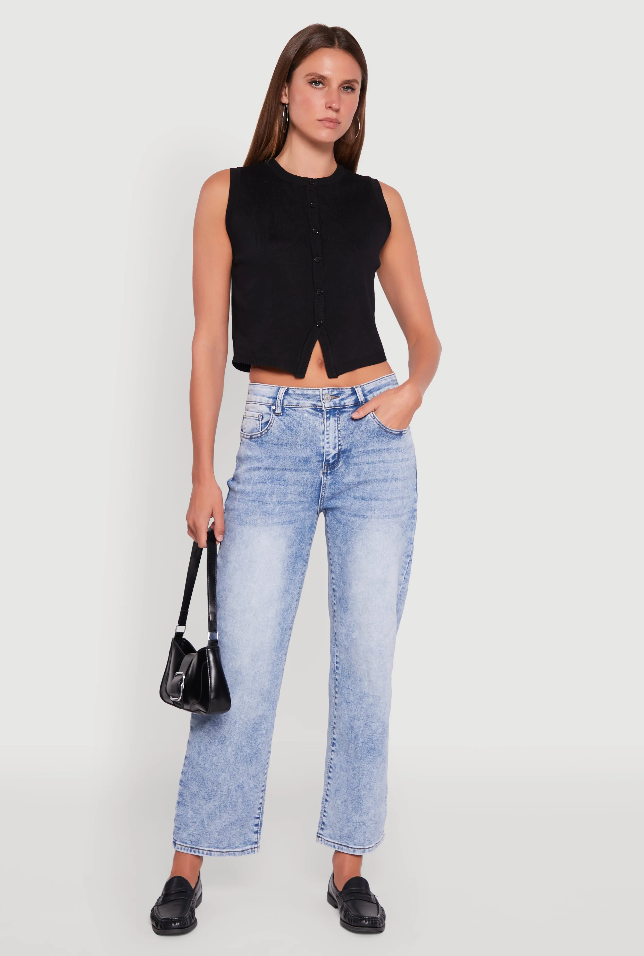 All Day Wear Acid Wash Mid Rise Straight Leg Jeans