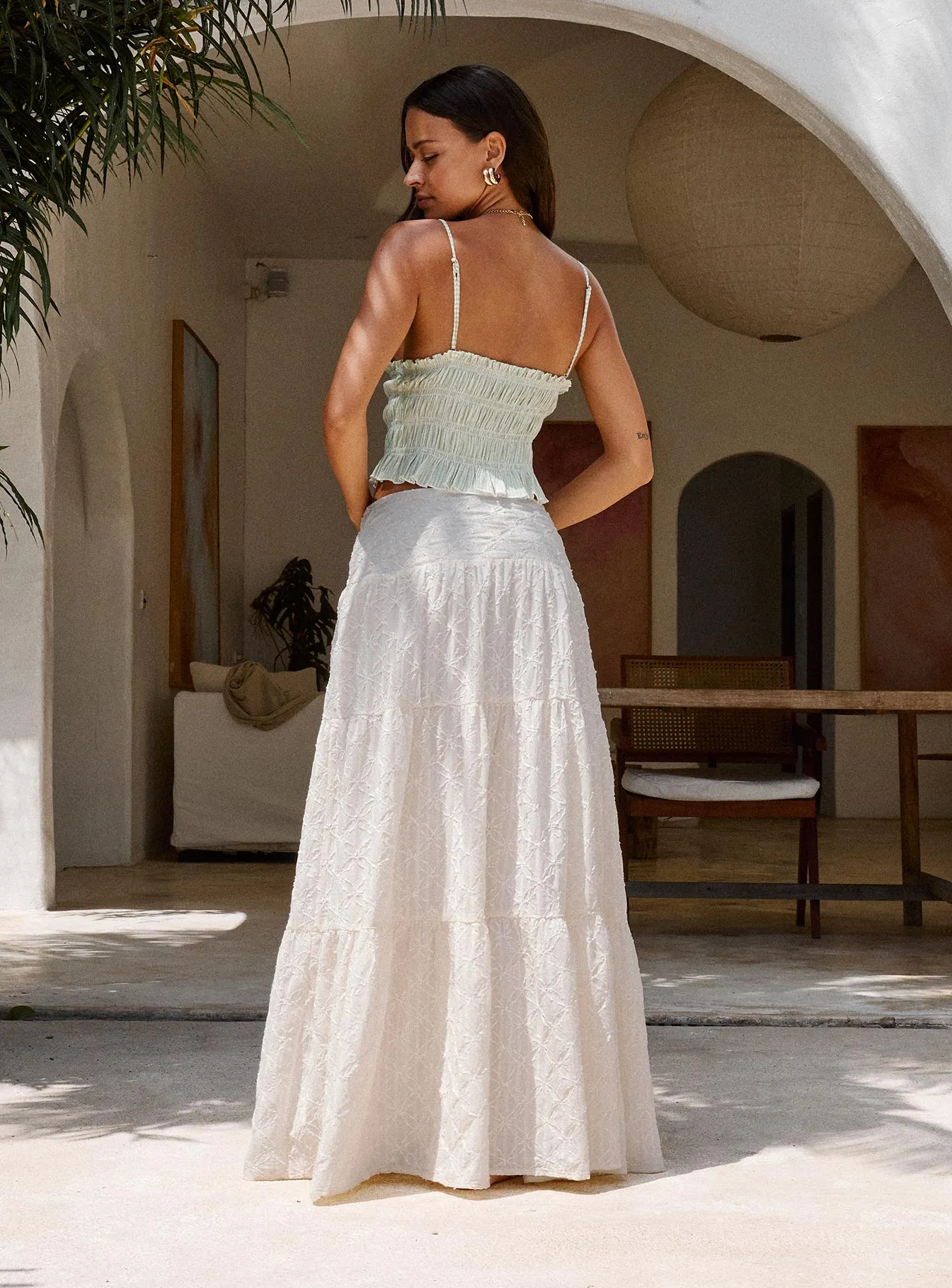 Silver Soul Embroidered Maxi Skirt Cream Quilted Texture Soft Tones