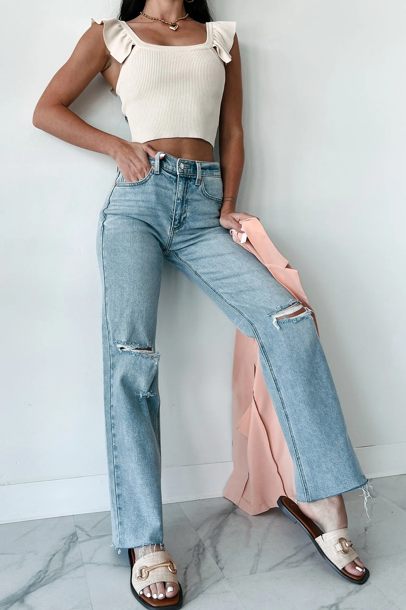 Sharp Edge Enid High Rise Distressed Sneak Peek Straight Leg Jeans (Medium Light)