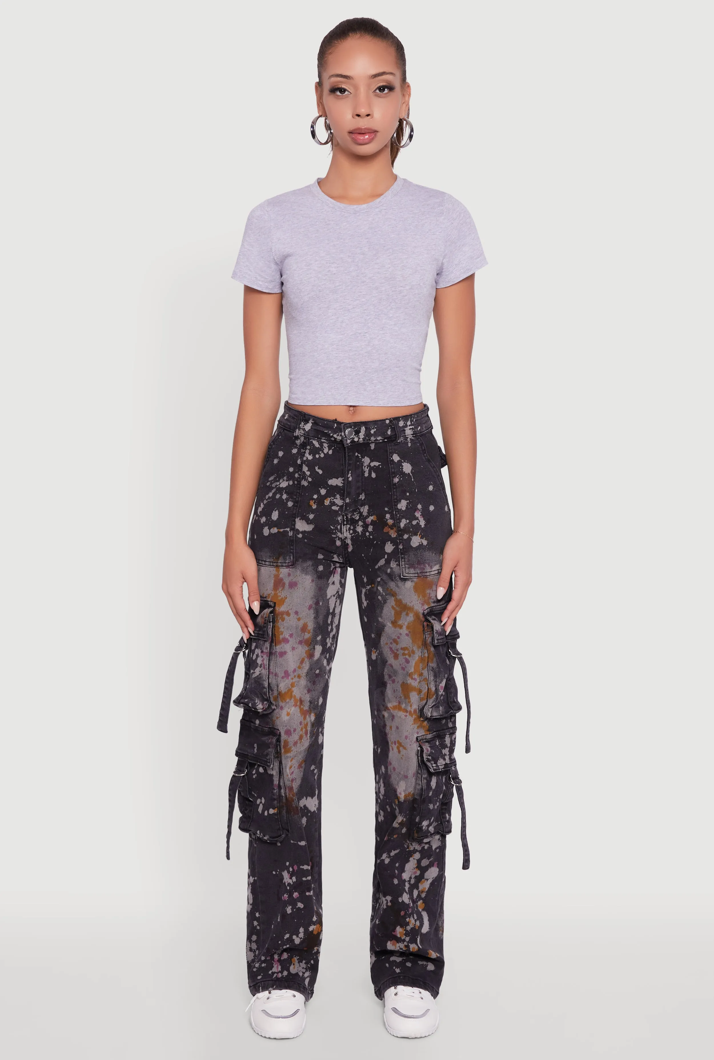 Paint Splattered Straight Leg Cargo Jeans Urban Style Minimalist Design