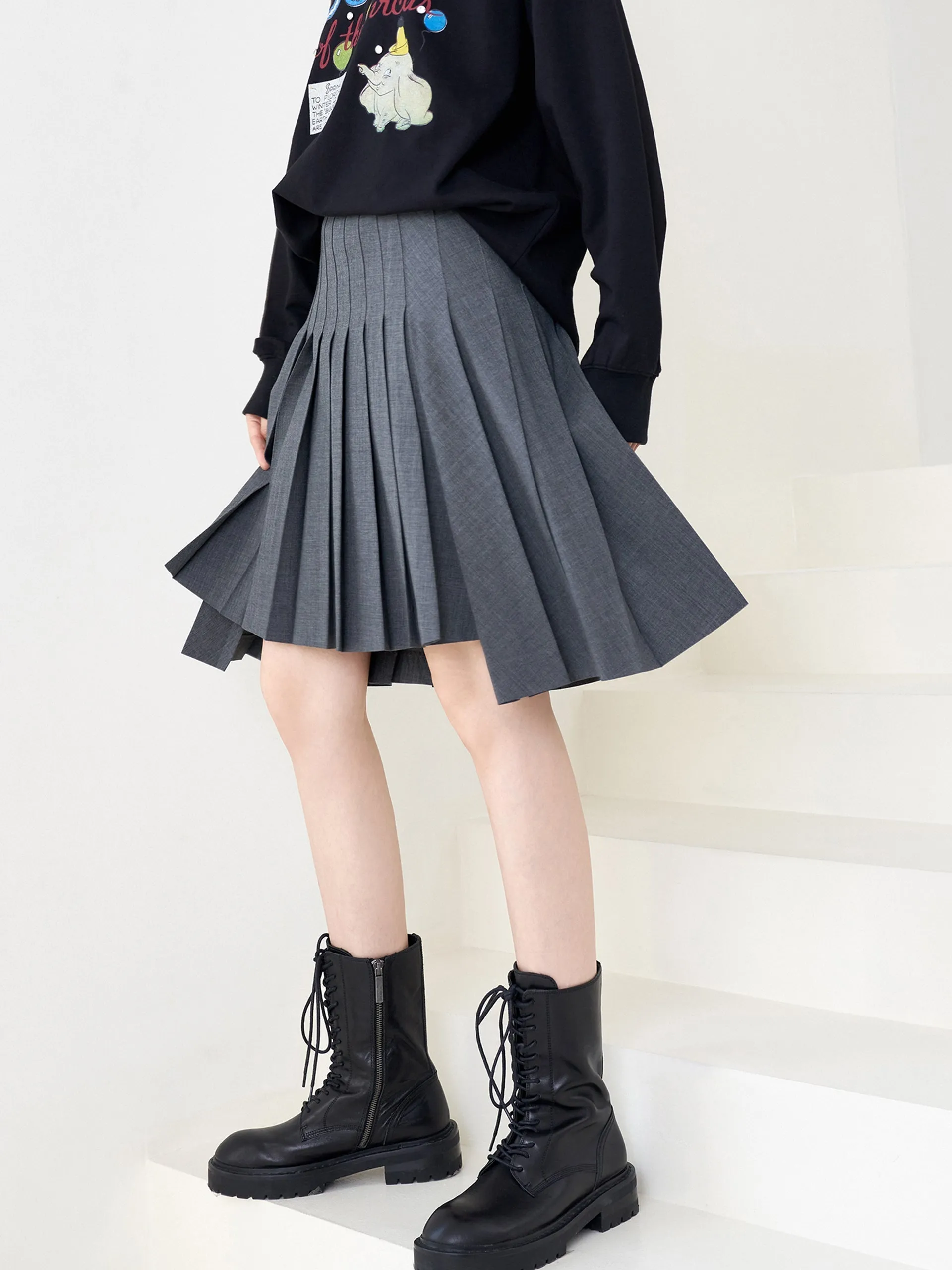 Breezy Edge Relaxed Look Side Slit Irregular Hem Pleated Skirt