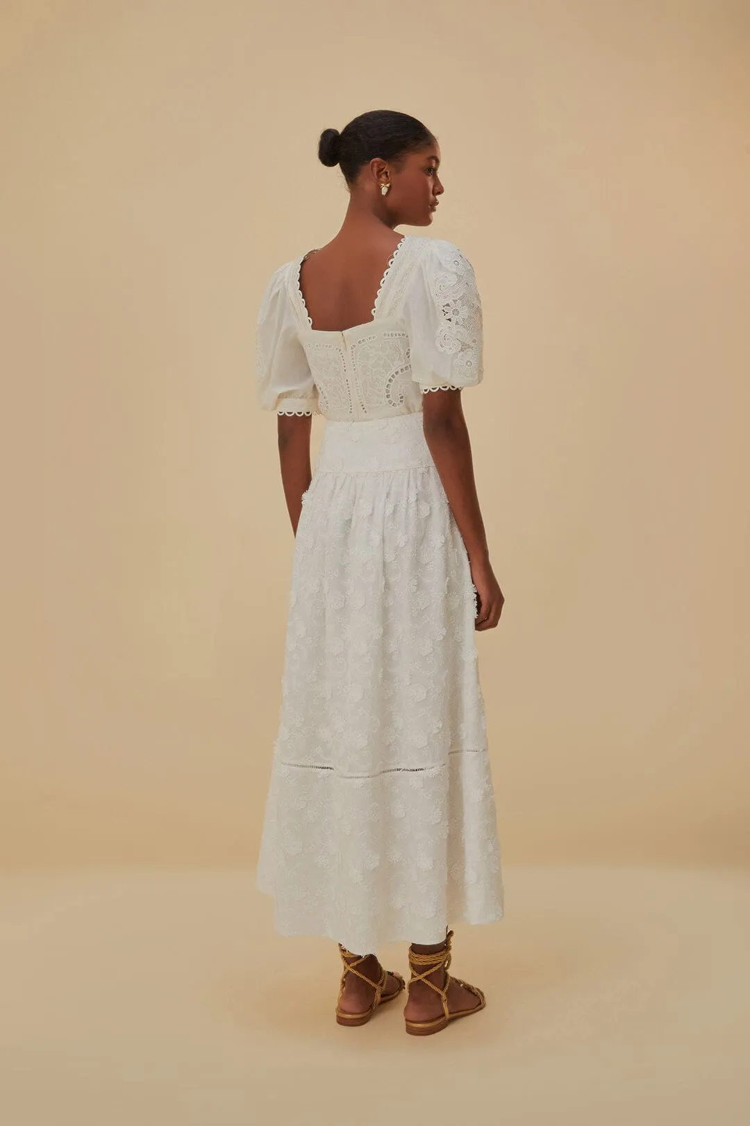 Silk Touch Off-White 3D Flower Midi Skirt