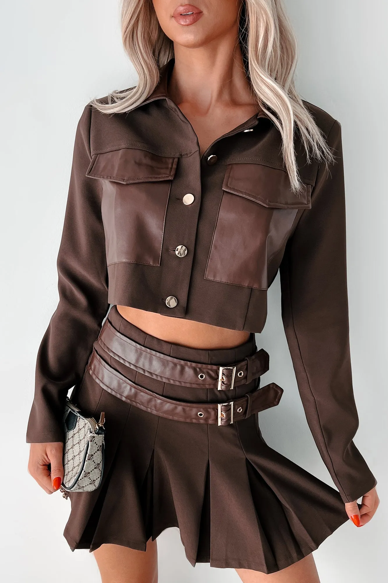Modern Cut Different Type Of Girl Crop Jacket & Skirt Set (Chocolate)