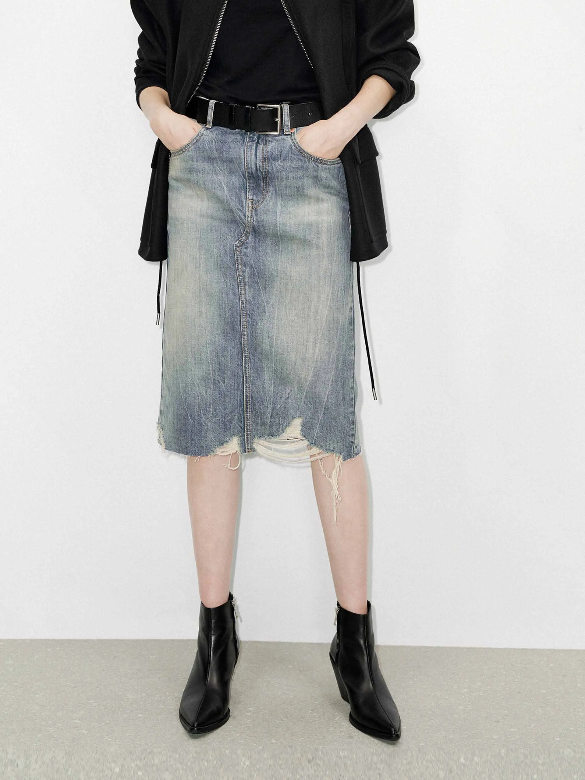Recycled Material Back Slit Distressed Skirt