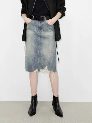 Recycled Material Back Slit Distressed Skirt
