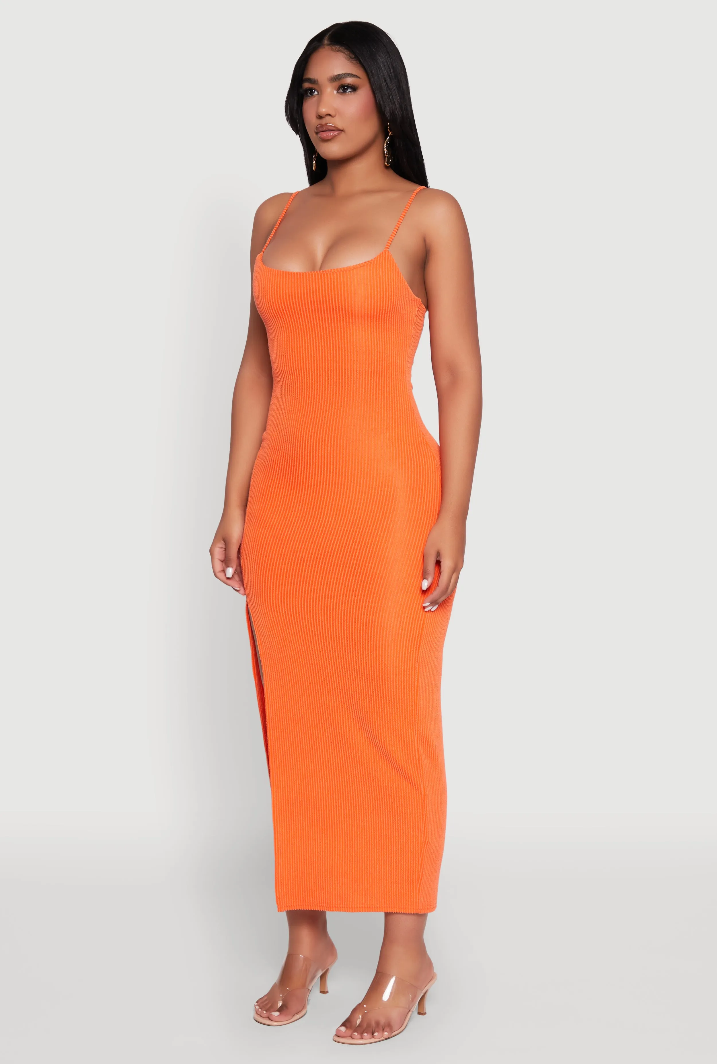 Modern Feminine Flattering midi silhouette Rib Knit Side Slit Midi Dress