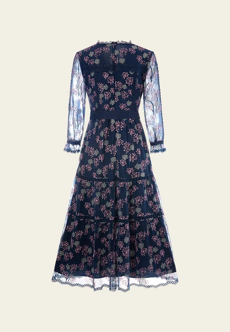 Digital Glow Adjustable drawstring Dandelion-pattern Puff-sleeve Lace-trim Tie-belt Mesh Dress