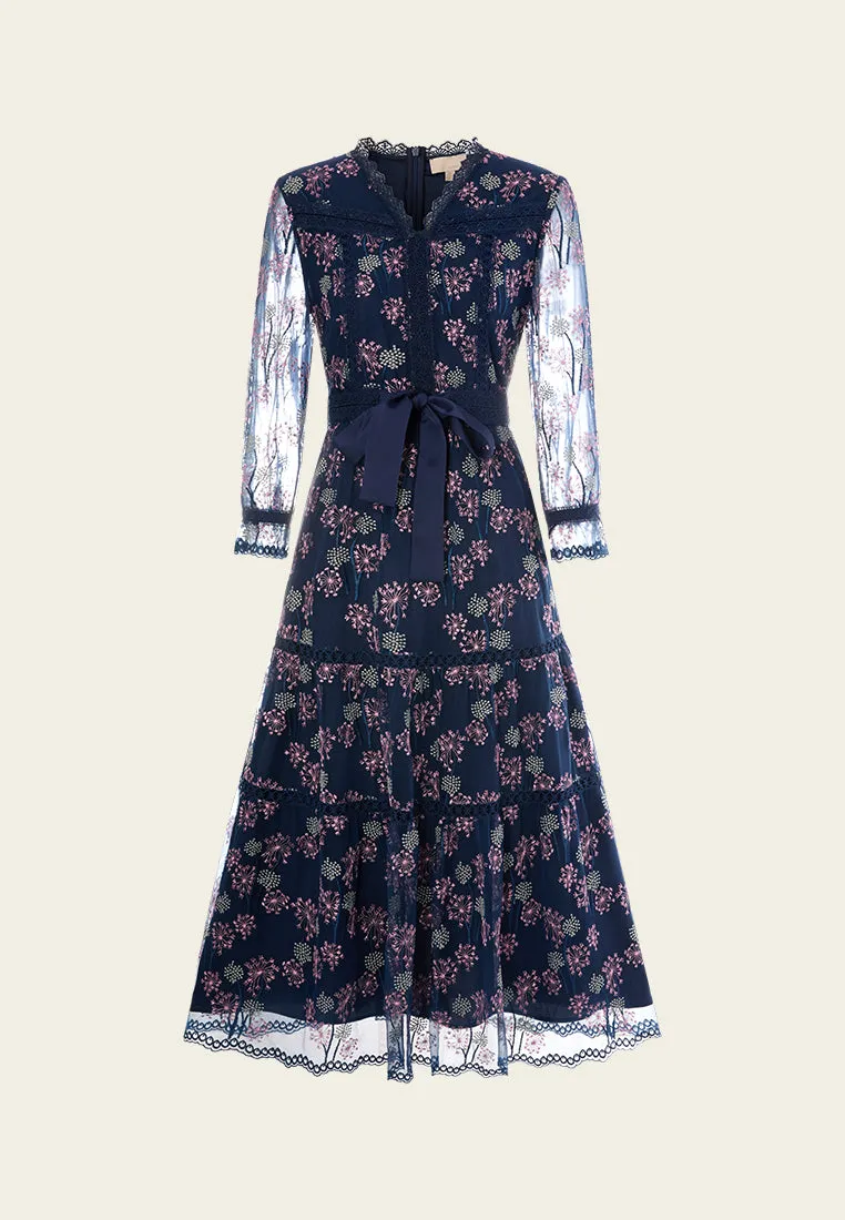 Dandelion-pattern Puff-sleeve Lace-trim Tie-belt Mesh Dress CompactFold