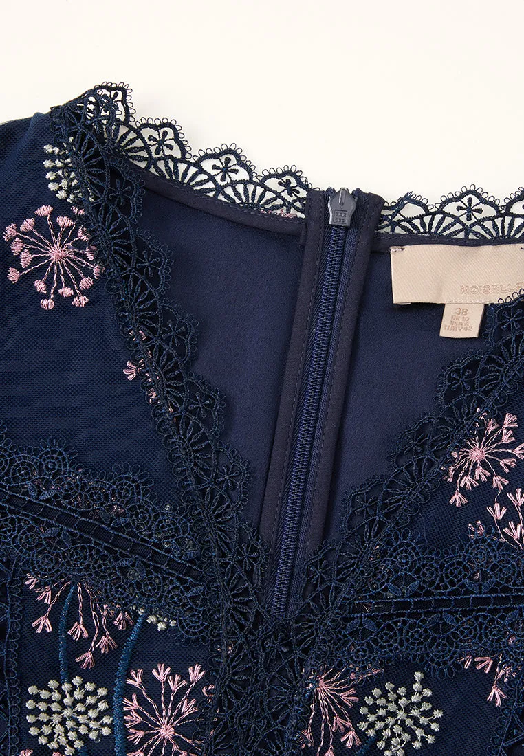 Dandelion-pattern Puff-sleeve Lace-trim Tie-belt Mesh Dress Flexible Joints VentilatedKnit
