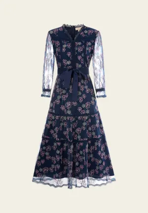 Dandelion-pattern Puff-sleeve Lace-trim Tie-belt Mesh Dress CompactFold