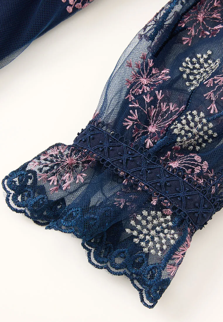 UVProtection Coating Boho Light Dandelion-pattern Puff-sleeve Lace-trim Tie-belt Mesh Dress