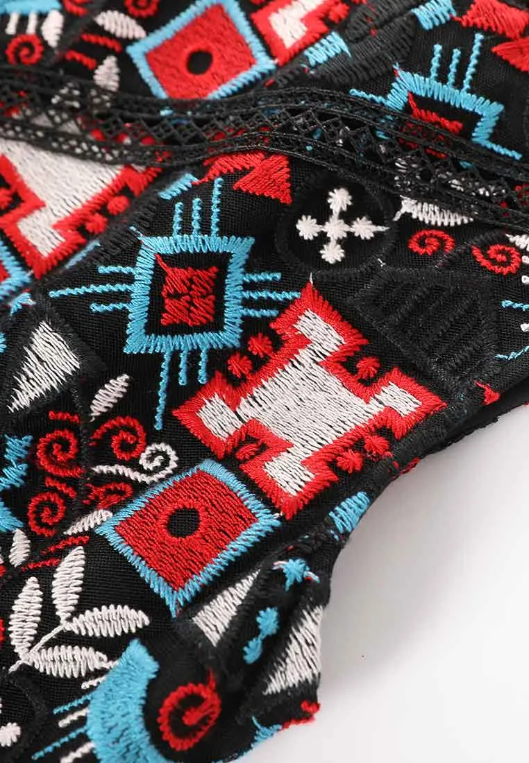 Black Embroidered Totem Dress AntiPillingFabric