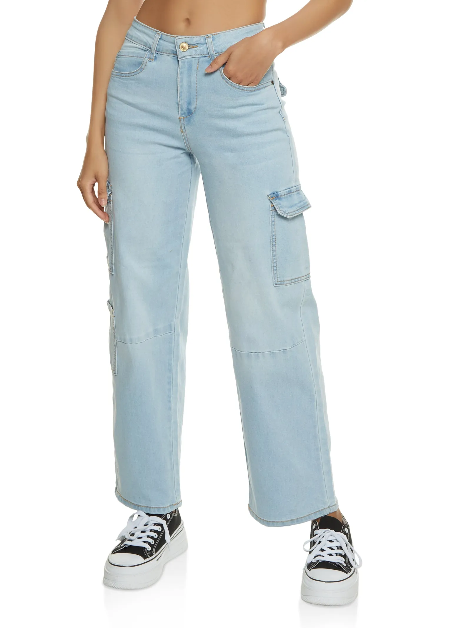 Chill Outfit Relaxed Style Earthy High Durability Thread WAX Wide Leg Flap Pocket Cargo Jeans