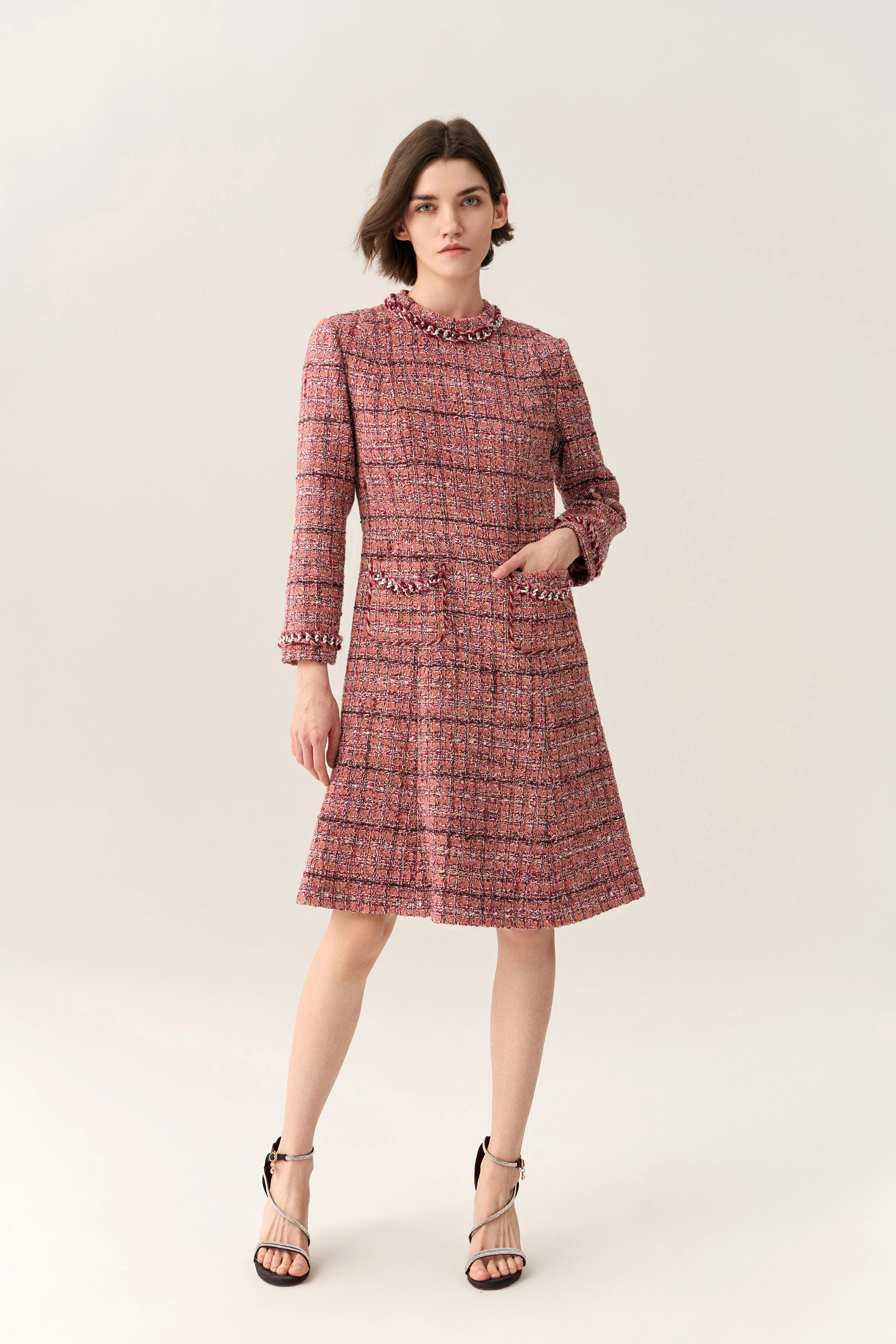 Checked Braid-trim Patch Pocket A-line Dress NonRestrictiveSilhouette