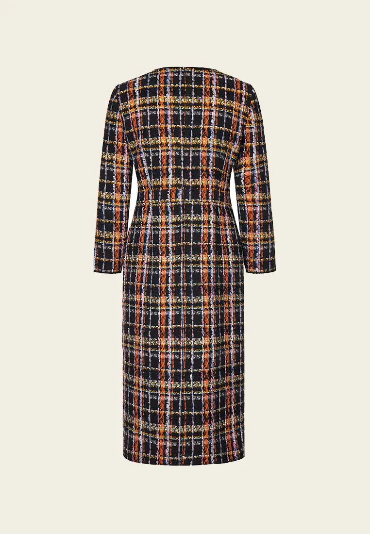 Feather Glow Breath Skin Orange Plaid Tweed Dress
