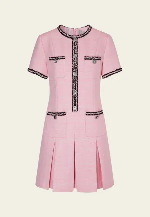 Black Trimmed Pink Tweed Pleated Dress Morning Walk