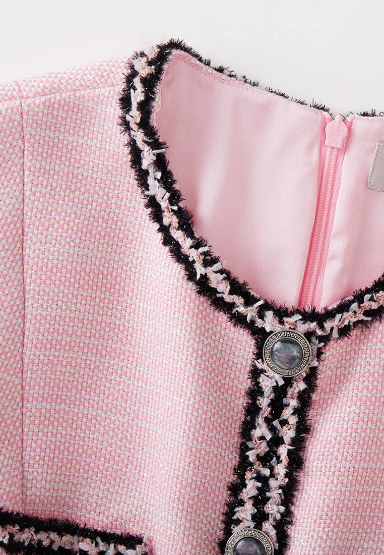 Black Trimmed Pink Tweed Pleated Dress Busy Glow
