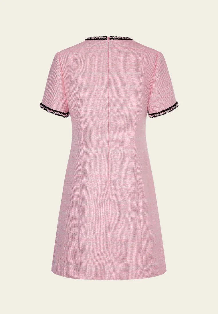 Stretchable Waistband Black Trimmed Pink Tweed Pleated Dress